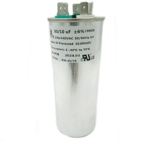 CBB65B 80+10 uf/MFD ±6% 370-440 VAC Volts Round Dual Run Capacitor 50/60 Hz AC Electric Condenser Straight Cool or Heat Pump Air Conditioner