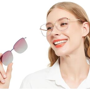 Women's Large Blue Light Blocking Glasses plus Magnetic Sunglasses Clip, Easy to Switch to Shades for Driving