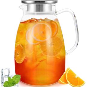 Glass Pitcher with Lid,68 oz Water Pitcher for Hot Cold Drinks,Glass Water Pitcher with Insulated Handle,Large Glass Water Jar Made of High Borosilicate Glass,Easy to Clean