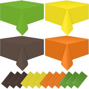MASHAN 12 Pcs Plastic Fall Tablecloth Yellow Orange Green Coffee Round Tablecloths Disposable Round Table Covers for Fall Harvest Thanksgiving Day Family Birthday Baby Shower Party Decorations,84inch