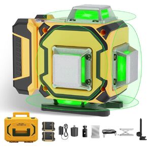 Laser Level 360 Self Leveling,4 x 360 Laser Level with Pulse Mode,16 Green Laser for Construction and Picture Hanging,Alignment Laser Tool with Rechargeable Battery,Magnetic Bracket,Hard Carry Case
