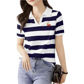 MakeMeChic Women's Striped Shirts Short Sleeve Collared Stripe Knit Tops Sweater