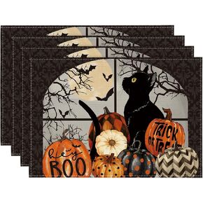 Artoid Mode Boo Black Cat Pumpkins Halloween Placemats Set of 4, Trick Or Treat 12x18 Inch Seasonal Fall Holiday Table Mats for Party Kitchen Dining Decoration
