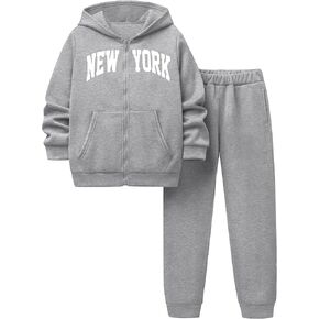 KANGKANG Boys Clothes Letter Graphic Full Zip Fleece Hooded Sweatshirt Jogging Sweatpants Sweatsuit Kids Fashion Outfits