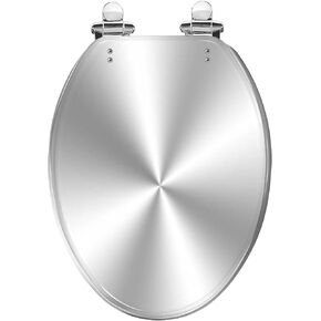 Elongated Toilet Seat Silver Brushed metal Resin Toilet Seat Quietly Slow Close with Quick-Release Hinges Toilet Seat with Cover Easy to Clean Install