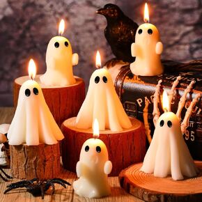 6 Pieces Halloween Large Ghost Candles White Spooky Ghost Scented Candles Halloween Candles Horror Gifts Candle Tea Lights Goth Room Decor for Dining Table Party Bedroom (Classical Style)