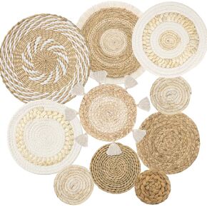 LOMOHOO Set of 10 Boho Wall Basket Decor Wicker Woven Wall Basket Decorations Bohemian Handcrafted Round Basket Bowl Hanging Decor Bulrush Wall Art Decors for Living Room Rustic Home