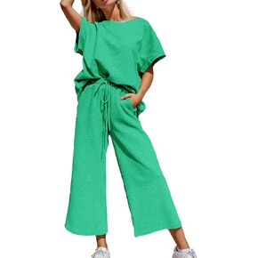 Women 2 Piece Homewear Short Sleeve Tops And Wide Leg Long Pants Matching Lounge Sets