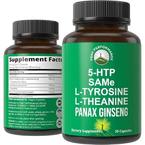 Peak Performance Mood Support Supplement with 5 Top Ingredients: 5HTP, SAM e, L Tyrosine, L Theanine, and Panax Ginseng. Happy Pills Mood Booster. Calm, Focus, Relaxation Supplements. Vegan