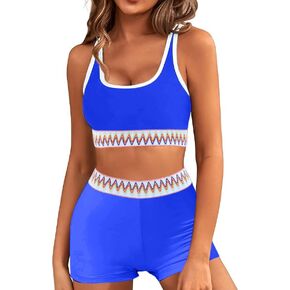 KerryKreey Womens 2 Piece Sporty Swimsuits High Waisted Bikini Set Boho Color Block Teens Shorts Tummy Control Bathing Suit