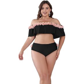 GORGLITTER Women's Plus 2 Piece Swimsuits 3D Floral Bikini Set Ruffle High Waist Bathing Suit