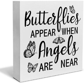 Remembrance Gift for Loss of Loved One Decorative Wooden Box Sign Butterflies Appear When Angels are Near Wood Block Plaque Decor Home Shelf or Wall Display