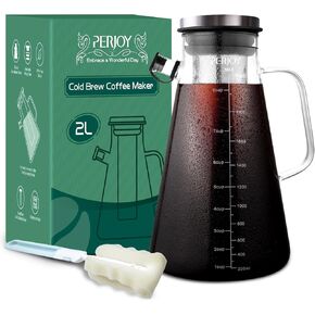 Cold Brew Coffee Maker- 64oz/2qt Glass Iced Coffee Maker with Super Dense Stainless Steel Filter & Lid, Airtight Cold Brew Pitcher for Coffee,Ice Tea,Fruit Drinks,Lemonade