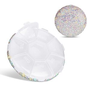 Soleebee Portable Weekly 7 Day Pill Organizer, Bling Crystal Pill Box Case, Small Travel Pill Planner for Purse or Pocket, Pill Dispenser, Medicine Vitamin Container Organizer (Pink)