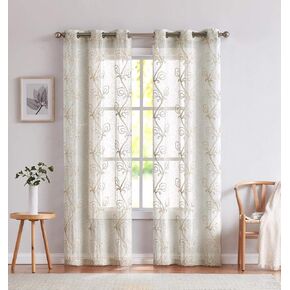 Dainty Home Stella 3D Floral Chenille Embroidered Solid Sheer 76" x 84" Window Curtain Panel Pair in Linen