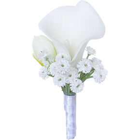 White Wrist Corsage and Men Boutonniere Set Artificial Calla Lily Bridesmaid Wrist Corsage Groomsmen Boutonniere for Wedding Ceremony Anniversary Party Prom (White Wrist Corsage, 1)