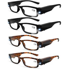 4 Pcs Reading Glasses with Light Bright LED Readers with Lights Reading Glasses Lighted Magnifier Nighttime Reader Compact Full Frame Eyewear Clear Vision Unisex Clear Vision Lighted (+150)