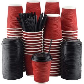 NYHI Pack of 100 12 oz Red Paper Cups with Black lids Coffee Cups Disposable BPA Free Insulated Ripple Kraft Paper Cups To go Cups for Hot or Cold Drinks Office Home Canteen Party Travel
