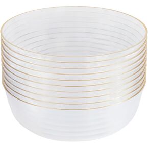PLASTICPRO [30 Pack 16 OZ Bowls] Edge Collection White with Gold Rim Plastic Party Soup Bowls Premium heavyweight Elegant Disposable Tableware Dishes