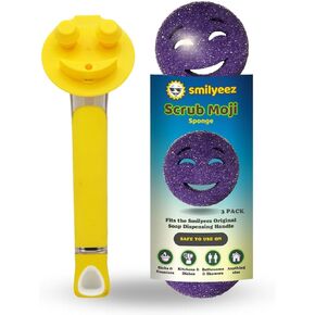 The Original Smiling Sponge Handle Soap Dispensing Handle by Smilyeez - (Yellow) & 3 Purple Scrub Moji Sponges