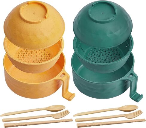 2 Sets Microwave Ramen Cooker Bowl Set 33 oz Quick Ramen Cooker with Handles Ramen Noodle Cooker with Spoon Chopsticks Fork College Dorm Room Apartment Essentials?Black, Beige? in Saudi Arabia