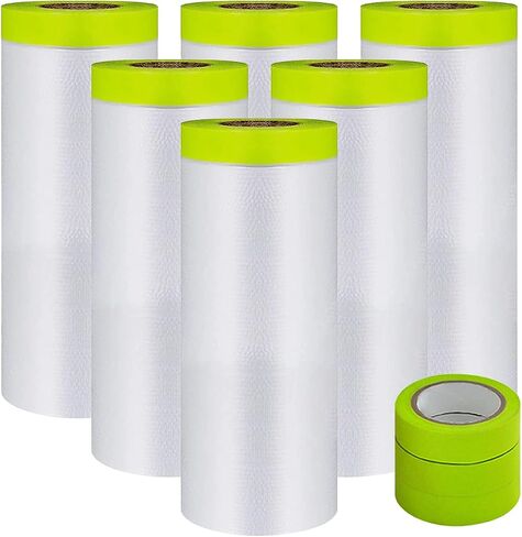 Pre-Taped Masking Film-55inx65ft Tape and Drape Painters Paper Rolls, Plastic Painting Film for Automotive Painting Covering（Masking Film:3rolls,Tape:2rolls in Saudi Arabia