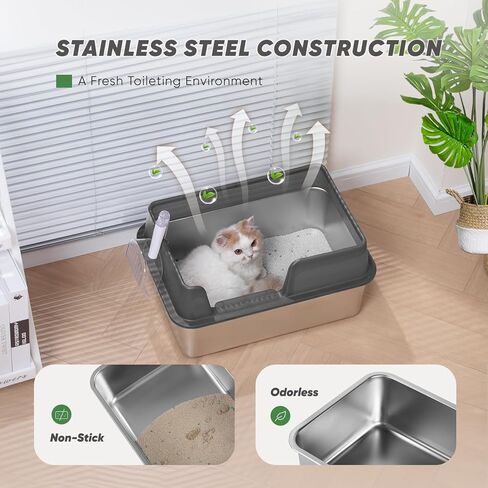 Stainless Steel Cat Litter Box with Scoop, Large Litter Box with High Sided Walls, Durable Metal Kitty Litter Box with Enclosure, Odorless, No Leakage, Easy to Clean (Grey) in Saudi Arabia