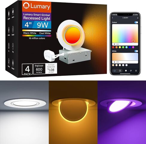 Lumary 4 Inch Smart Gimbal Recessed Lighting Ultra with 2200k Night Light, 270°+90°Rotatable LED Recessed Lights, 9W 600LM Angled Adjustable LED Downlight, Works with Alexa & Google Assistant, 1Pack in Saudi Arabia