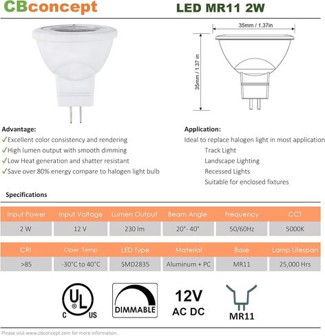 UL-Listed MR11 GU4.0 LED Light Bulbs, 5-Pack, 2 Watt, 230 Lumen, Warm White 3000K, 36° Beam Angle, 12 Volt, 20W Halogen Bulbs Equivalent, Landscape/Accent/Recessed/Track Lighting in Saudi Arabia