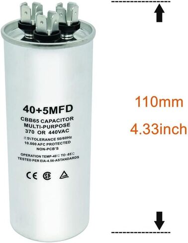 مكثف بدء دائري مزدوج التشغيل CBB65، 55+5 فائق التوهج 55/5 MFD ±5% 370 فولت/440 فولت تيار متردد، مكثف مركب للضاغط، محرك تيار متردد، تشغيل مروحة، مكثف مستقيم بارد/حرارة in Kuwait