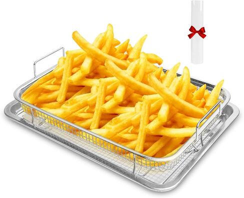 2 Set Air Fryer Basket for Oven,Stainless Steel Crisping Basket & Tray Set, Tray and Grease Tray Set Bacon Rack, Oven crisper for French fry/frozen food (2 Pack Rectangle 12.8x9.6 Inch) in Saudi Arabia