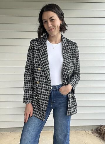 Happy Sailed Womens Tweed Blazers Casual Jackets Long Sleeve Double Breasted Open Front Plaid Blazer Jackets Work Suits in Saudi Arabia