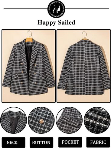 Happy Sailed Womens Tweed Blazers Casual Jackets Long Sleeve Double Breasted Open Front Plaid Blazer Jackets Work Suits in Saudi Arabia