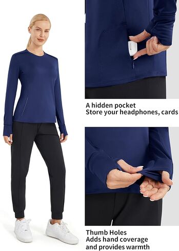 قميص رياضي نسائي من JOYSPELS مصنوع من الصوف الحراري ورقبة وهمية وأكمام طويلة للتمرين مع جيب بسحّاب بفتحات إبهام للجري in Kuwait