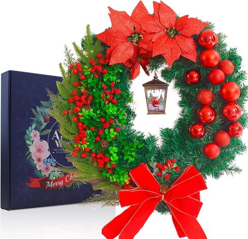 Wreaths for Front Door with Light, 24 Inch Large Door Christmas Wreath for Outside, Red Artificial Wreath for Farmhouse Wall Windows Party Indoor Home Decor in Saudi Arabia