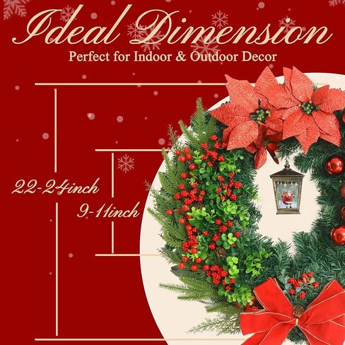 Wreaths for Front Door with Light, 24 Inch Large Door Christmas Wreath for Outside, Red Artificial Wreath for Farmhouse Wall Windows Party Indoor Home Decor in Saudi Arabia