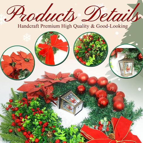 Wreaths for Front Door with Light, 24 Inch Large Door Christmas Wreath for Outside, Red Artificial Wreath for Farmhouse Wall Windows Party Indoor Home Decor in Saudi Arabia