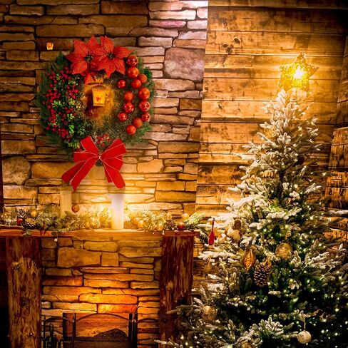 Wreaths for Front Door with Light, 24 Inch Large Door Christmas Wreath for Outside, Red Artificial Wreath for Farmhouse Wall Windows Party Indoor Home Decor in Saudi Arabia