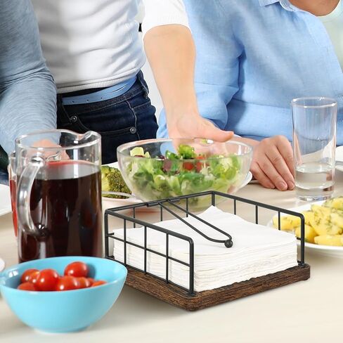 حامل مناديل للطاولة، موزع حامل مناديل معدني ريفي مع قاعدة خشبية، حامل مناديل للمزرعة للمناديل الورقية، حامل مناديل للمطبخ، الطعام، الكوكتيل، النزهة، الهواء الطلق in Kuwait