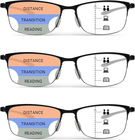 3 Pack Progressive Multifocus Reading Glasses Men Women Metal Frame Multifocal Readers Blue Light Blocking w/Spring Hinge No-Line Eyeglasses,+175 in Saudi Arabia