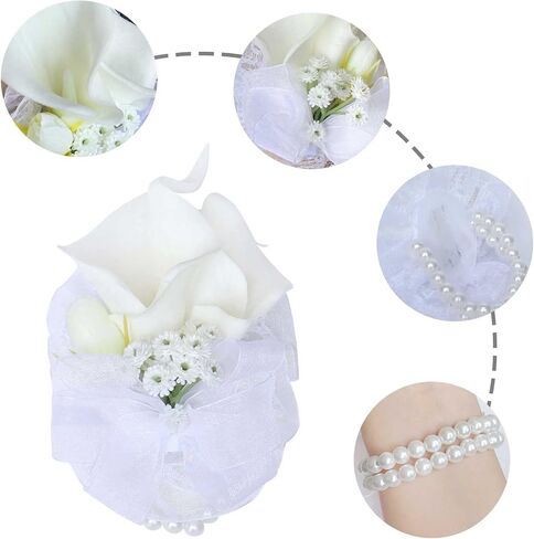 White Wrist Corsage and Men Boutonniere Set Artificial Calla Lily Bridesmaid Wrist Corsage Groomsmen Boutonniere for Wedding Ceremony Anniversary Party Prom (White Wrist Corsage, 1) in Kuwait