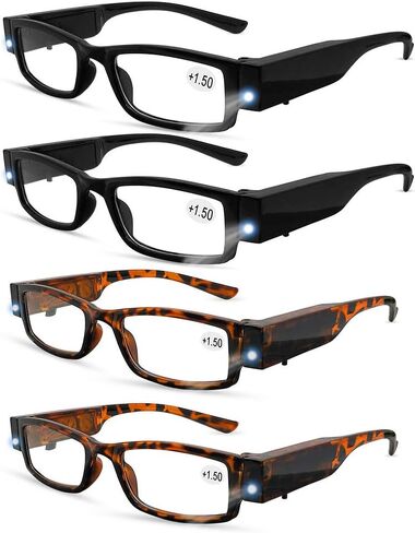 4 Pcs Reading Glasses with Light Bright LED Readers with Lights Reading Glasses Lighted Magnifier Nighttime Reader Compact Full Frame Eyewear Clear Vision Unisex Clear Vision Lighted (+150) in Kuwait