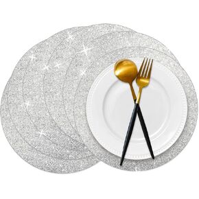 50 Pieces Silver Glitter Paper Place Mats Sparkle 14'' Round Disposable Table Mats Silver Sequin Doilies Decorative Placemats for Wedding Banquet Party Home Dining Tableware