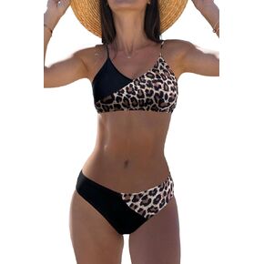 Beachsissi Women Two Piece Swimsuits Leopard Printed Beachwear Patchwork Hook Back Bikini Sets