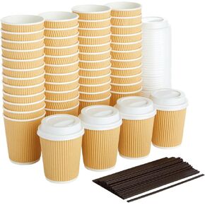 Juvale 50 Pack Disposable Small Coffee Cups 8 oz, Insulated, Ripple, To Go Kraft Paper Coffee Cups with Lids and Stirring Straws Included for Hot Drinks (150 Total Pcs)