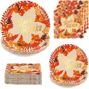 DIYASY 96 Pack Thanksgiving Paper Plates and Napkins, Fall Disposable Plates Dinnerware Heavy Duty Dessert Dinner Plate for 24 Guests Party Supplies