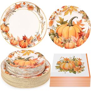 150Pcs Thanksgiving Fall Pumpkin Paper Plates and Napkins Fall Party Supplies Watercolor Pumpkin Maple Disposable Plates Autumn Plates for Fall Party Decor Thanksgiving Party Supplies,Serve 50 Guests
