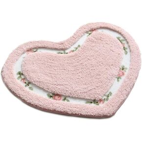 Pretty Floral Rose Heart Shape Bathroom Mat ，Super Soft Pink Shaggy Rug Floor Decoration Carpet，Great for Kitchen,Living Room,Toilet