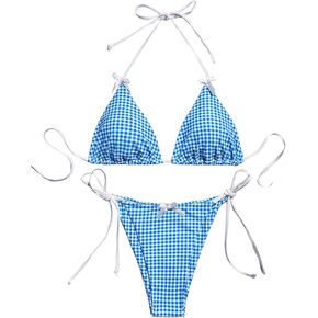 Women's 2 Piece Y2K Gingham Print Bow Front Bikini Halter Tie Bikini Set Triangle Set Beachwear Swimsuit Bathing Suit