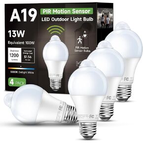 Motion Sensor Light Bulbs Outdoor, 4 Pack A19 (60 Watt Equivalent) Motion Activated Dusk to Dawn Security Bulb,Daylight, Porch Lighting, Auto-On/Off Detector, for Garage, Yard, Basement